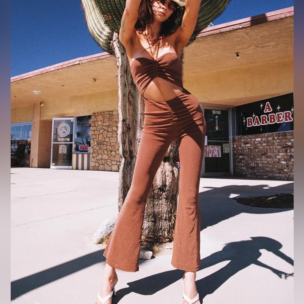 Princess Polly Brown Sparkle Jumpsuit Flare Cutout